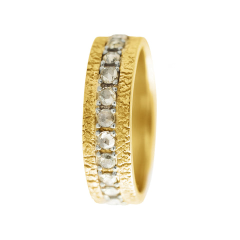 Diamond Pave Band with Yellow Gold River Washed Surround